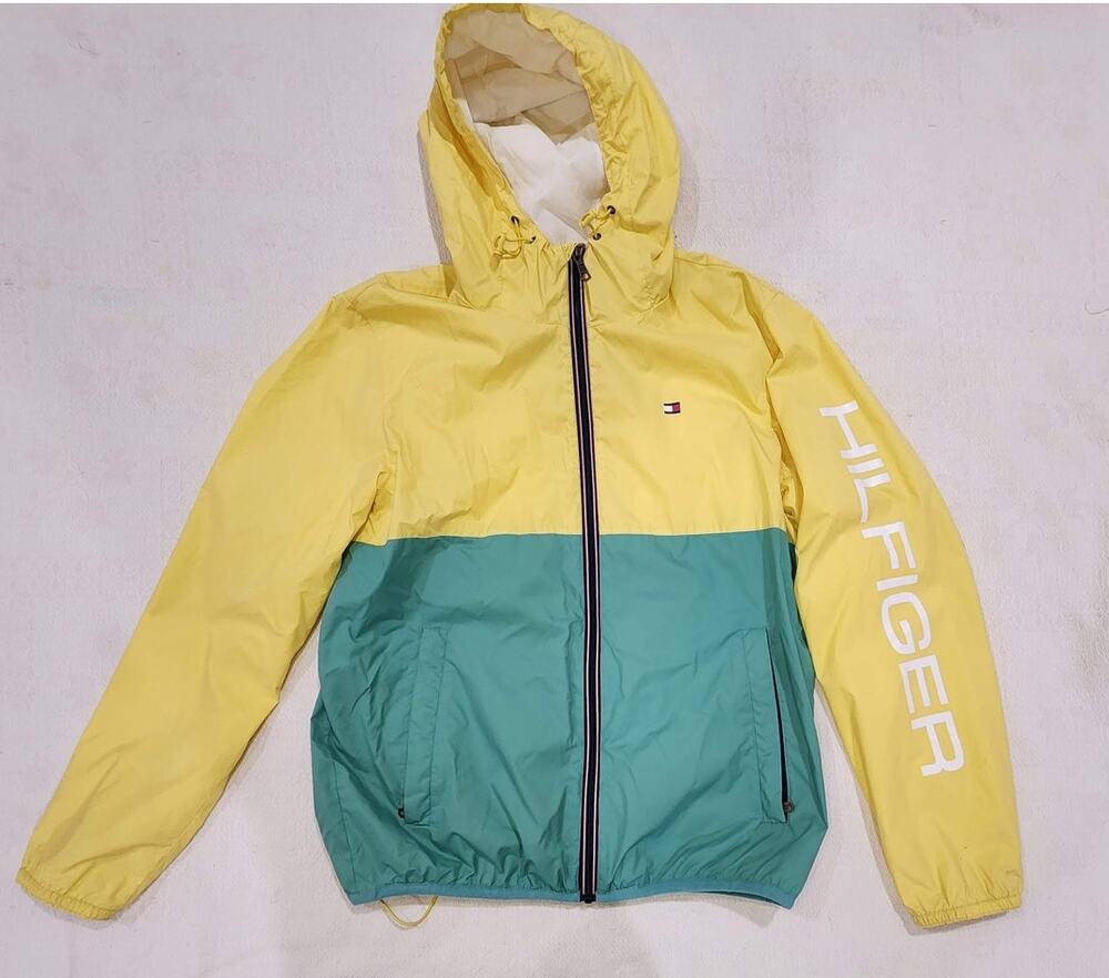 Tommy Hilfiger Colorblock Windbreaker Jacket Mens M Yellow Green Hooded Zip